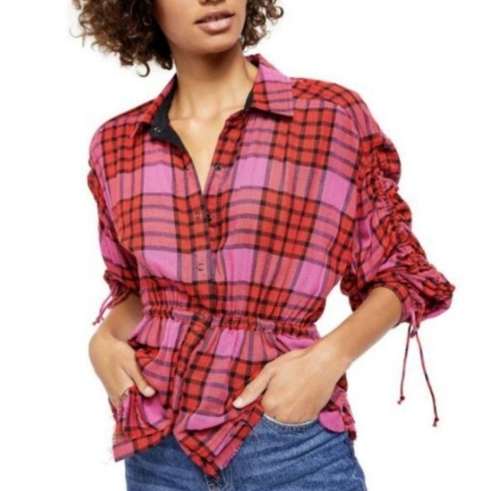 We The Free Peplum Plaid Top Medium Red Elastic Waist Drawstring Boho Festival